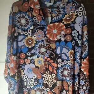 Floral Print Women's Blouse - Blue, Orange, Brown
